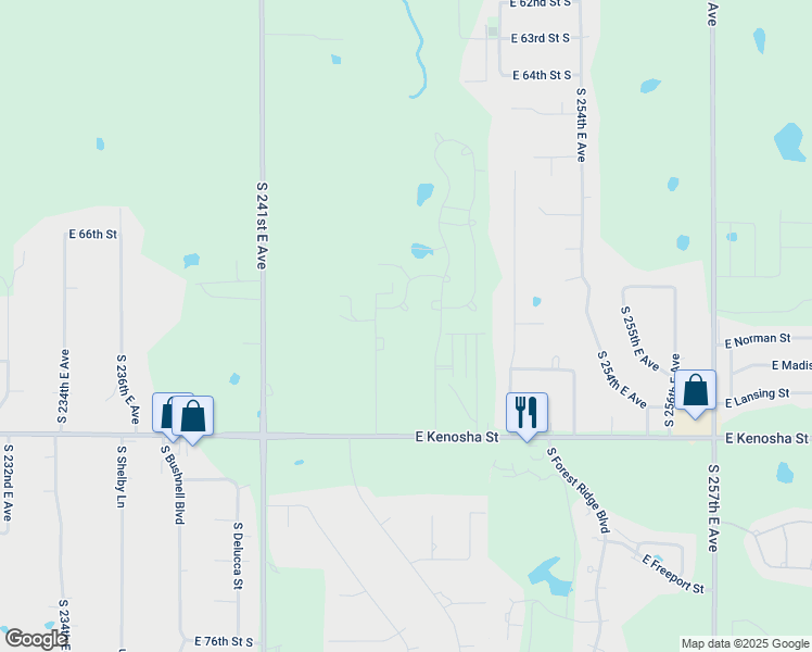 map of restaurants, bars, coffee shops, grocery stores, and more near 6910 South 245th East Avenue in Broken Arrow