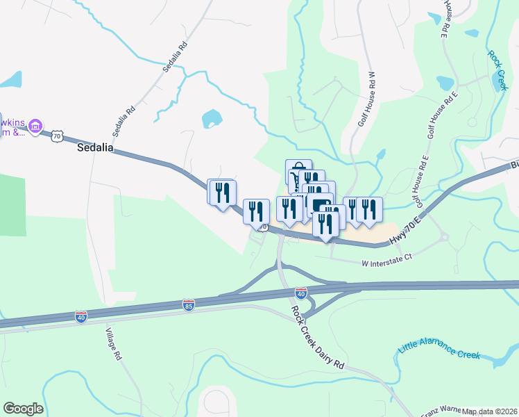map of restaurants, bars, coffee shops, grocery stores, and more near 6267 Burlington Road in Gibsonville