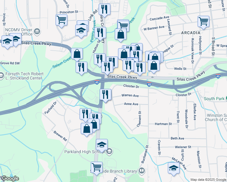 map of restaurants, bars, coffee shops, grocery stores, and more near 1034 Cloister Drive in Winston-Salem