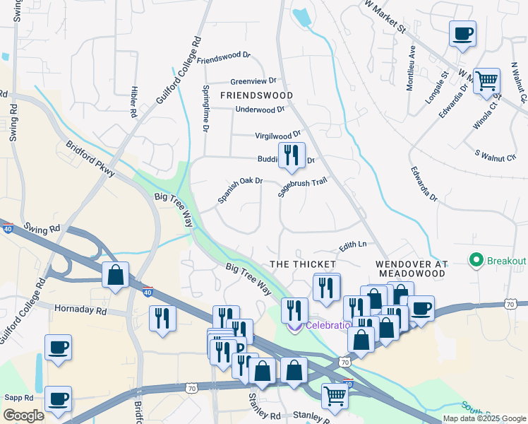 map of restaurants, bars, coffee shops, grocery stores, and more near 5812 Stoney Glen Loop in Greensboro