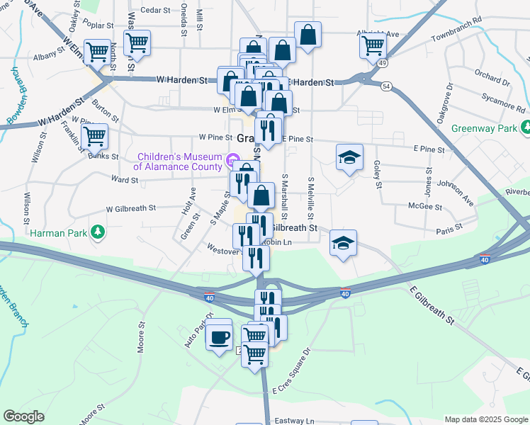 map of restaurants, bars, coffee shops, grocery stores, and more near 310 S Main St in Graham
