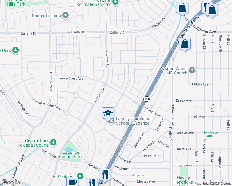 map of restaurants, bars, coffee shops, grocery stores, and more near 417 Stetson Creek Avenue in Henderson