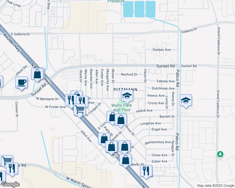 map of restaurants, bars, coffee shops, grocery stores, and more near 417 East Merlayne Drive in Henderson