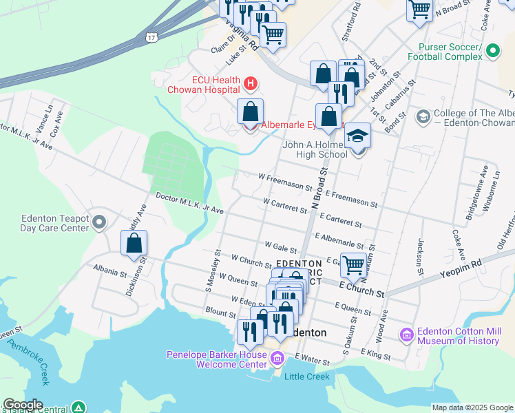 map of restaurants, bars, coffee shops, grocery stores, and more near 211 West Carteret Street in Edenton