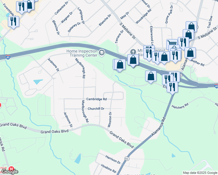 map of restaurants, bars, coffee shops, grocery stores, and more near 3015 Winston Drive in Burlington