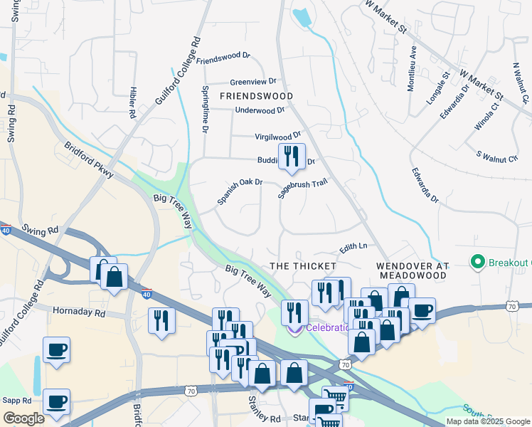 map of restaurants, bars, coffee shops, grocery stores, and more near 5812 Stoney Glen Loop in Greensboro