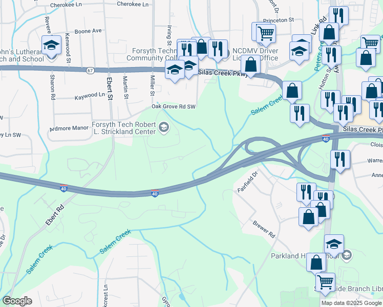 map of restaurants, bars, coffee shops, grocery stores, and more near 135 Weatherwood Court in Winston-Salem