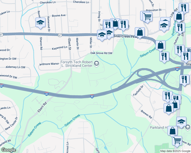 map of restaurants, bars, coffee shops, grocery stores, and more near 155 Weatherwood Court in Winston-Salem