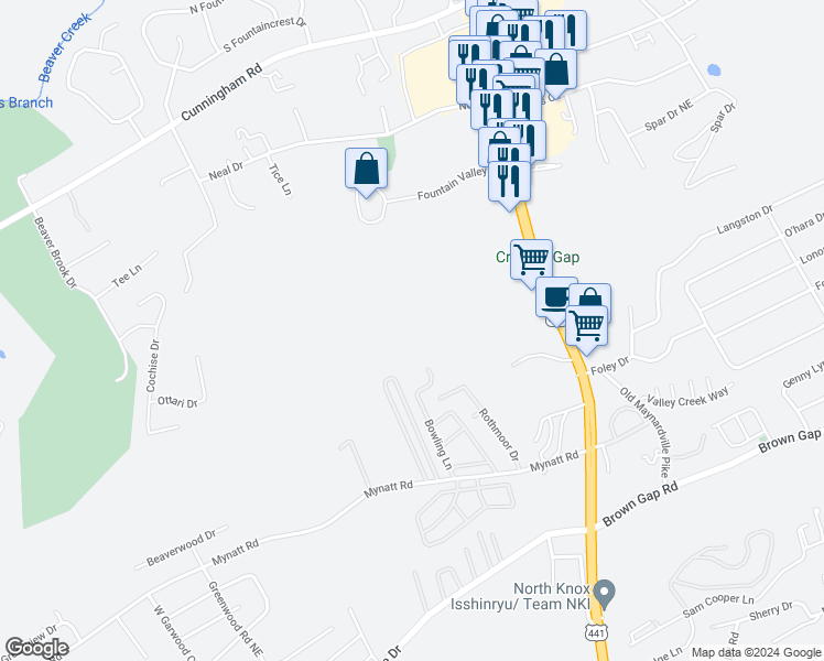 map of restaurants, bars, coffee shops, grocery stores, and more near 6560 Bowling Lane in Knoxville