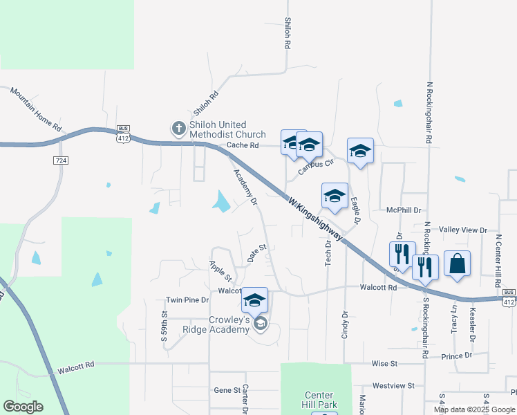 map of restaurants, bars, coffee shops, grocery stores, and more near 309 Academy Drive in Paragould