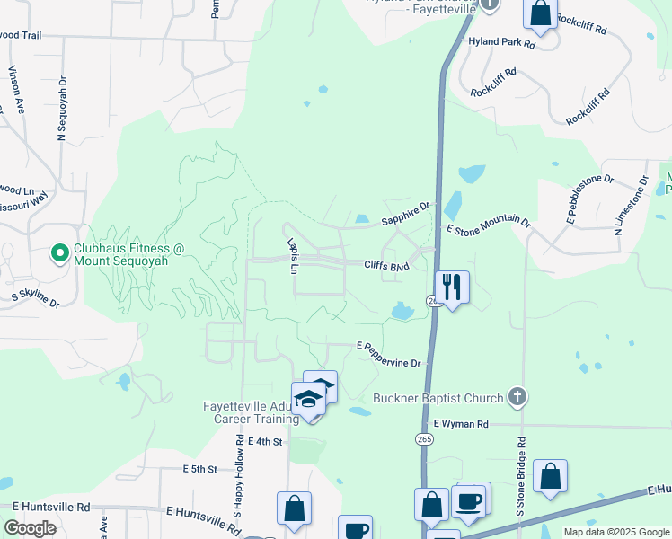 map of restaurants, bars, coffee shops, grocery stores, and more near 1962 Cliffs Boulevard in Fayetteville