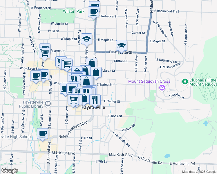 map of restaurants, bars, coffee shops, grocery stores, and more near 207 East Spring Street in Fayetteville
