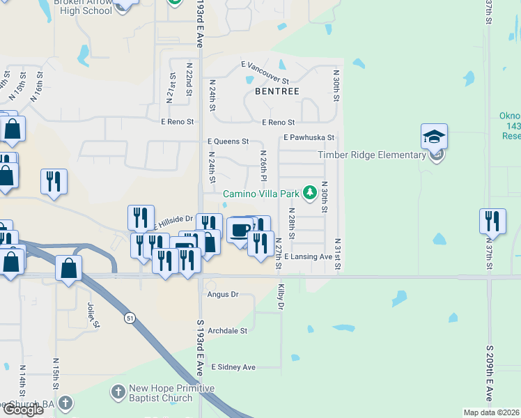 map of restaurants, bars, coffee shops, grocery stores, and more near 2625 East Oakland Street in Broken Arrow