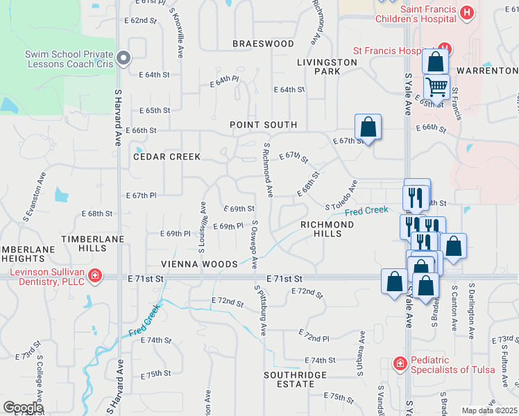 map of restaurants, bars, coffee shops, grocery stores, and more near 6749 South Oswego Avenue in Tulsa