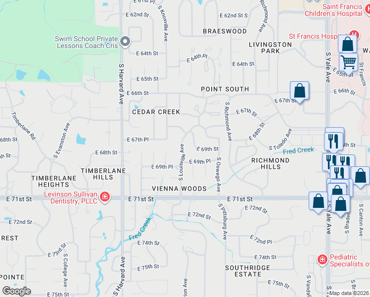 map of restaurants, bars, coffee shops, grocery stores, and more near 6730 South Marion Avenue in Tulsa