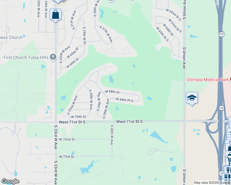map of restaurants, bars, coffee shops, grocery stores, and more near 2631 West 68th Street in Tulsa