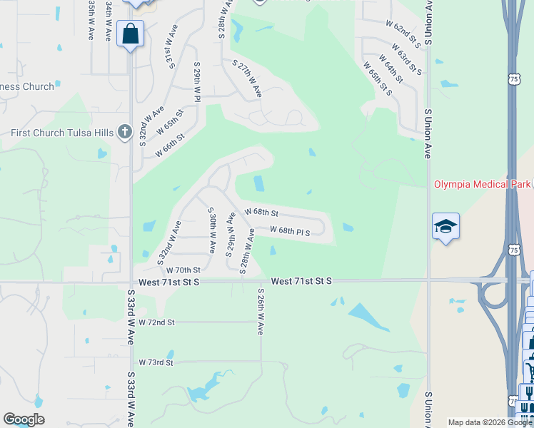 map of restaurants, bars, coffee shops, grocery stores, and more near 2631 West 68th Street in Tulsa