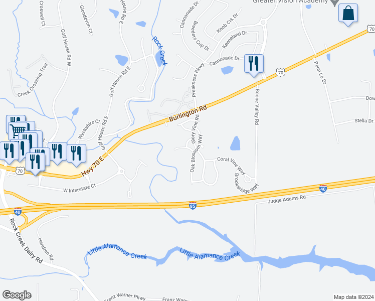 map of restaurants, bars, coffee shops, grocery stores, and more near 6338 Hibiscus Court in Whitsett