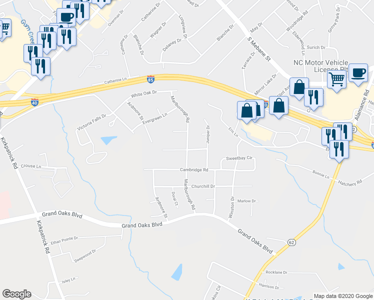 map of restaurants, bars, coffee shops, grocery stores, and more near Marlborough Road in Burlington