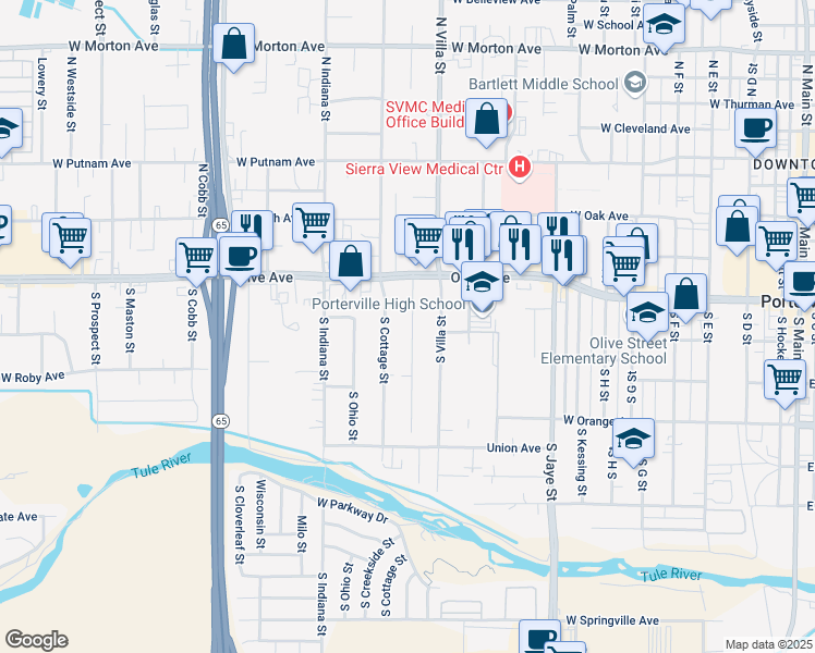 map of restaurants, bars, coffee shops, grocery stores, and more near 99 South Chess Terrace Street in Porterville