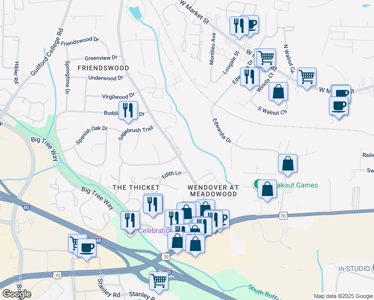 map of restaurants, bars, coffee shops, grocery stores, and more near 801 Meadowood Street in Greensboro