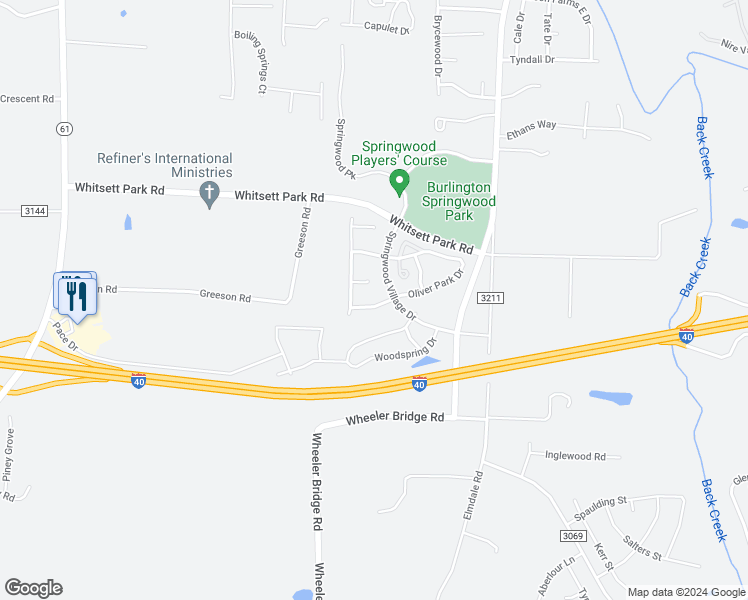 map of restaurants, bars, coffee shops, grocery stores, and more near 7316 Scenic Village Lane in Whitsett