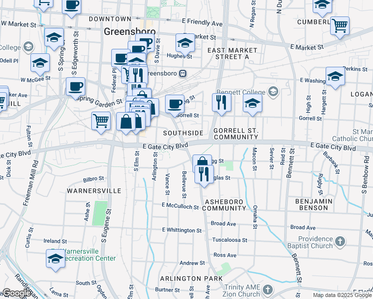 map of restaurants, bars, coffee shops, grocery stores, and more near 403 Martin Luther King Junior Drive in Greensboro