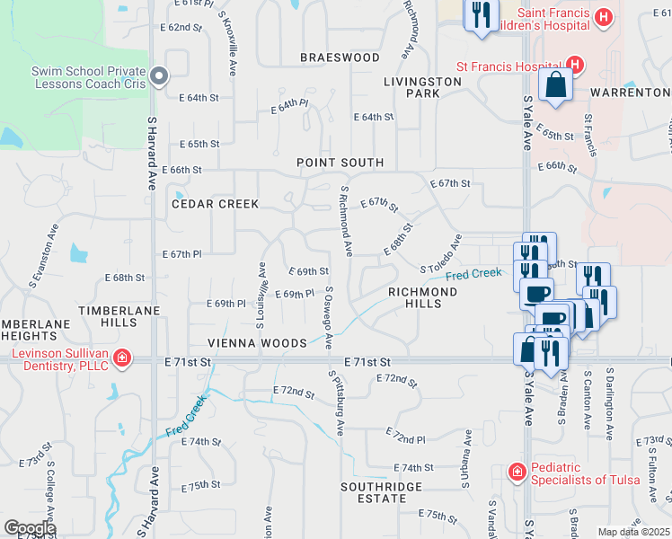 map of restaurants, bars, coffee shops, grocery stores, and more near 6749 South Oswego Avenue in Tulsa