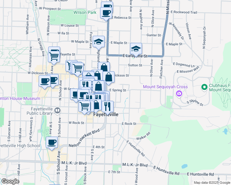map of restaurants, bars, coffee shops, grocery stores, and more near 127 East Spring Street in Fayetteville