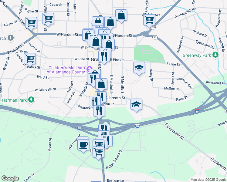 map of restaurants, bars, coffee shops, grocery stores, and more near 310 South Marshall Street in Graham