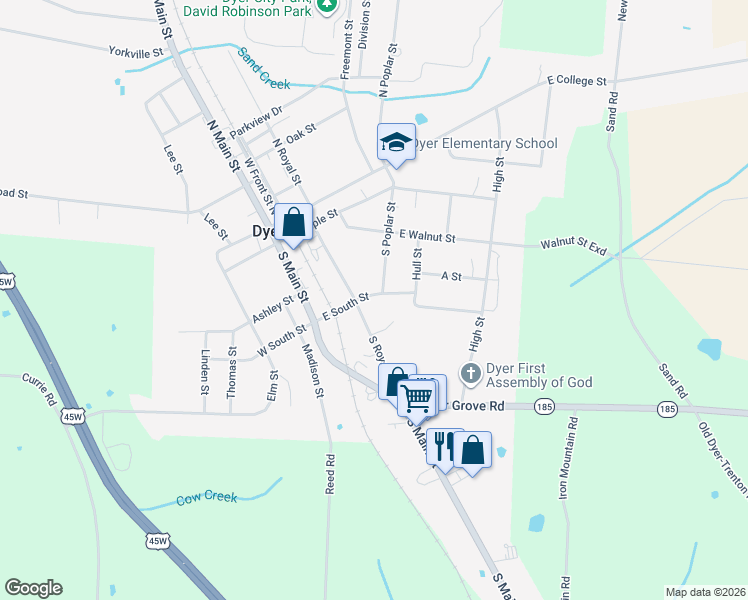 map of restaurants, bars, coffee shops, grocery stores, and more near 205 East South Street in Dyer