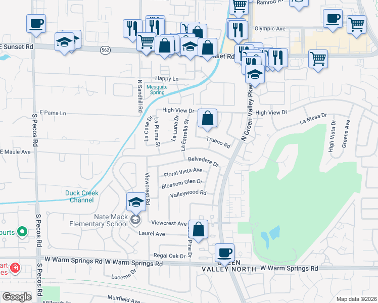 map of restaurants, bars, coffee shops, grocery stores, and more near 3130 La Mesa Drive in Henderson