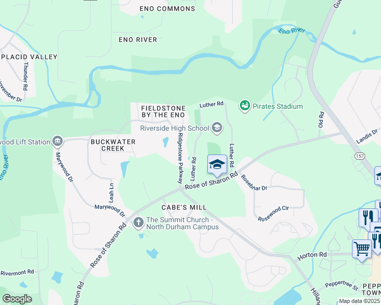map of restaurants, bars, coffee shops, grocery stores, and more near 3227 Luther Road in Durham