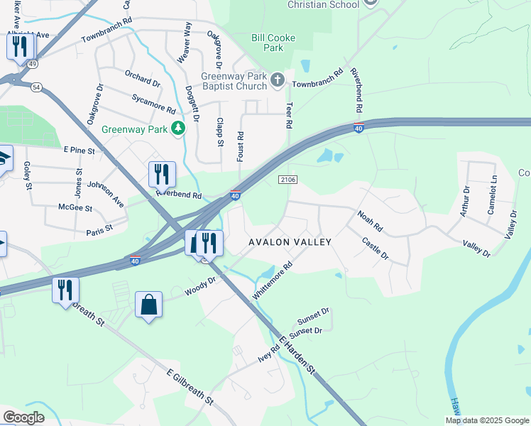 map of restaurants, bars, coffee shops, grocery stores, and more near 2230 Waterside Circle in Graham