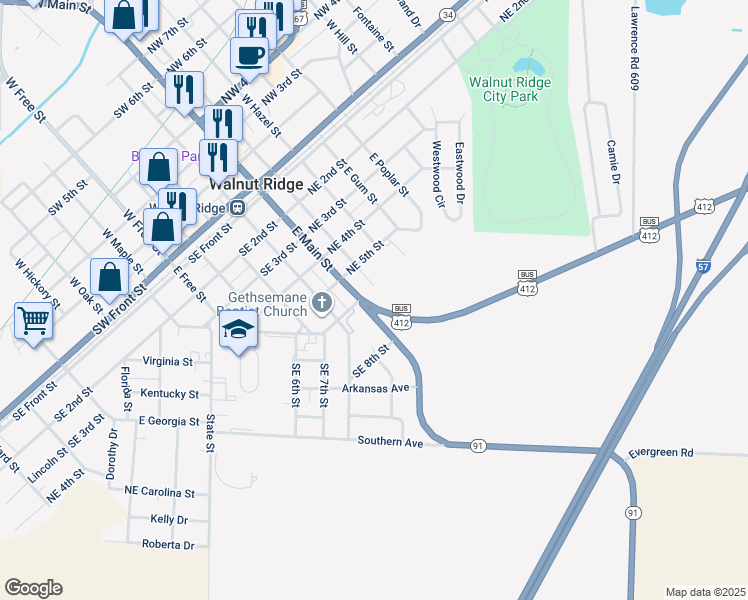 map of restaurants, bars, coffee shops, grocery stores, and more near 1007 East Main Street in Walnut Ridge