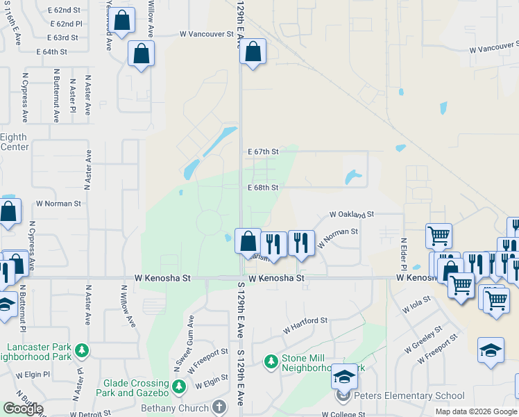 map of restaurants, bars, coffee shops, grocery stores, and more near 3408 West Oakland Street in Broken Arrow