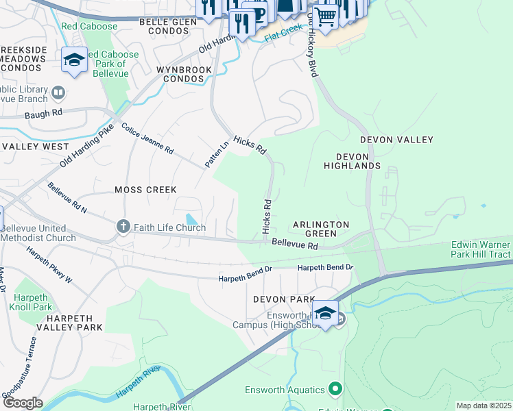 map of restaurants, bars, coffee shops, grocery stores, and more near 155 Hicks Road in Nashville