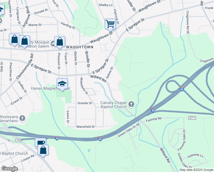 map of restaurants, bars, coffee shops, grocery stores, and more near 2204 Willard Road in Winston-Salem