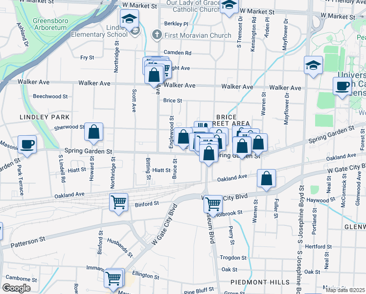 map of restaurants, bars, coffee shops, grocery stores, and more near 815 Milton Street in Greensboro