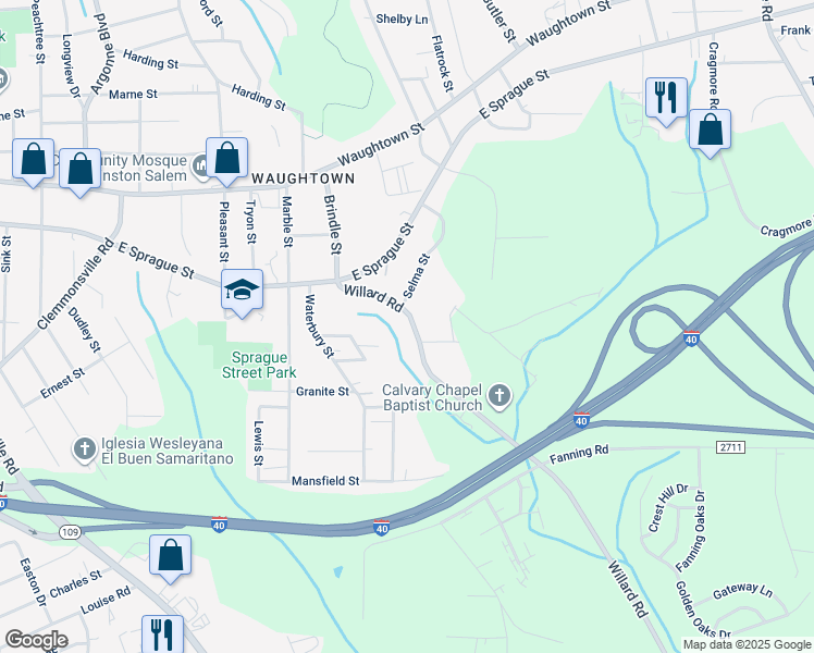 map of restaurants, bars, coffee shops, grocery stores, and more near 2204 Willard Road in Winston-Salem