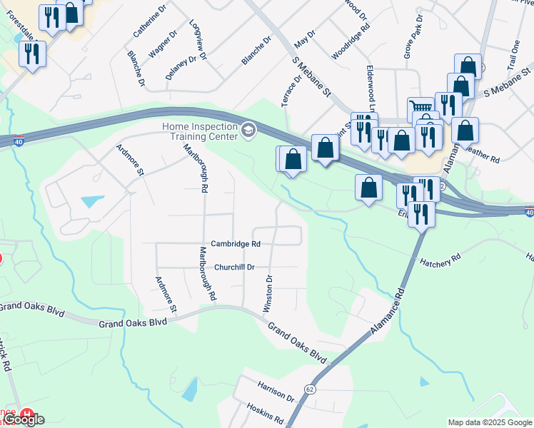 map of restaurants, bars, coffee shops, grocery stores, and more near 3015 Winston Drive in Burlington