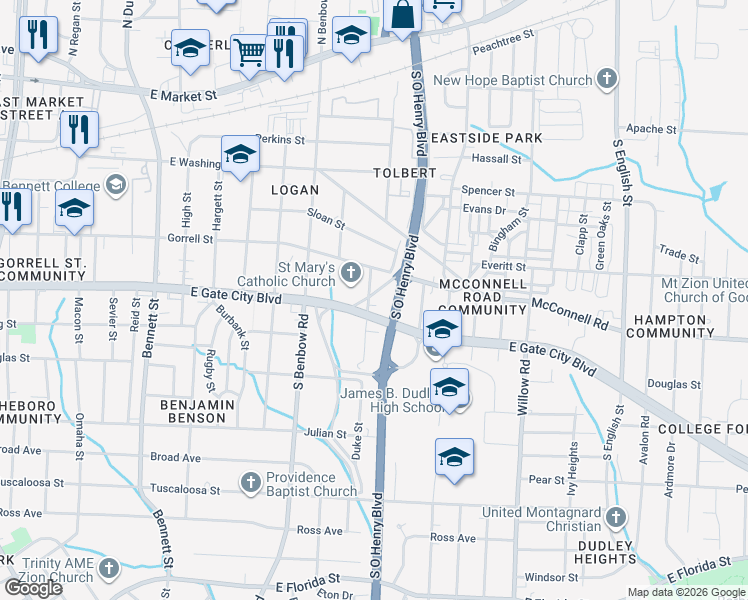 map of restaurants, bars, coffee shops, grocery stores, and more near 815 Duke Street in Greensboro
