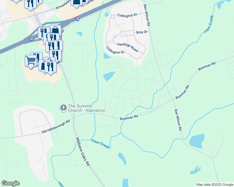 map of restaurants, bars, coffee shops, grocery stores, and more near 127 Campaign Drive in Mebane