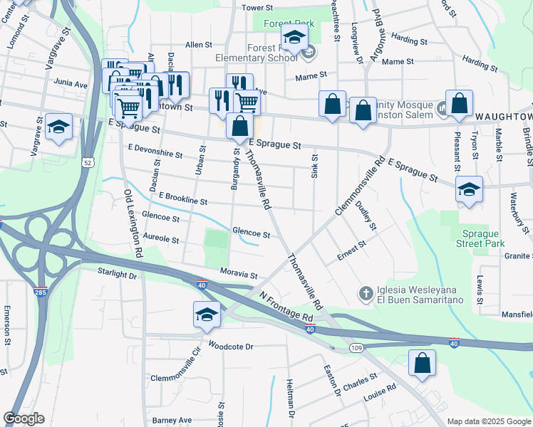 map of restaurants, bars, coffee shops, grocery stores, and more near 2606 Thomasville Road in Winston-Salem