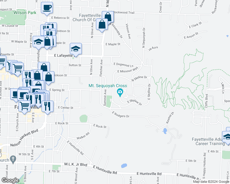 map of restaurants, bars, coffee shops, grocery stores, and more near 166 North Oklahoma Way in Fayetteville