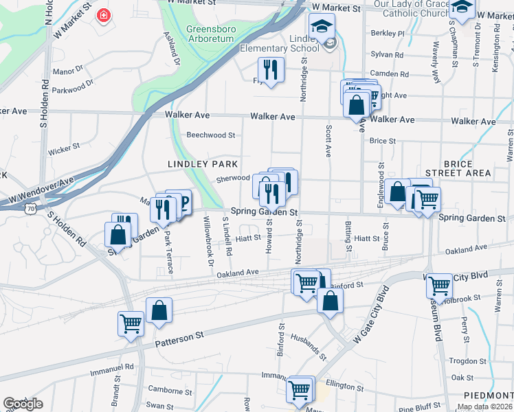 map of restaurants, bars, coffee shops, grocery stores, and more near in Greensboro