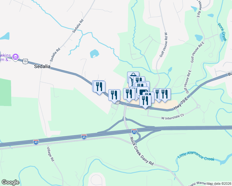 map of restaurants, bars, coffee shops, grocery stores, and more near 6267 Burlington Road in Gibsonville