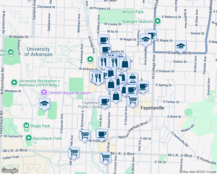 map of restaurants, bars, coffee shops, grocery stores, and more near 115 North School Avenue in Fayetteville