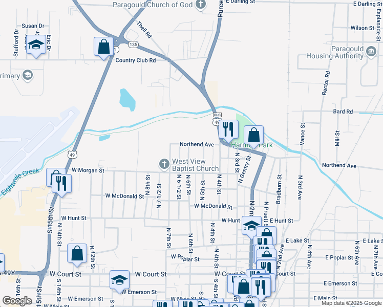 map of restaurants, bars, coffee shops, grocery stores, and more near 821 North 6th Street in Paragould