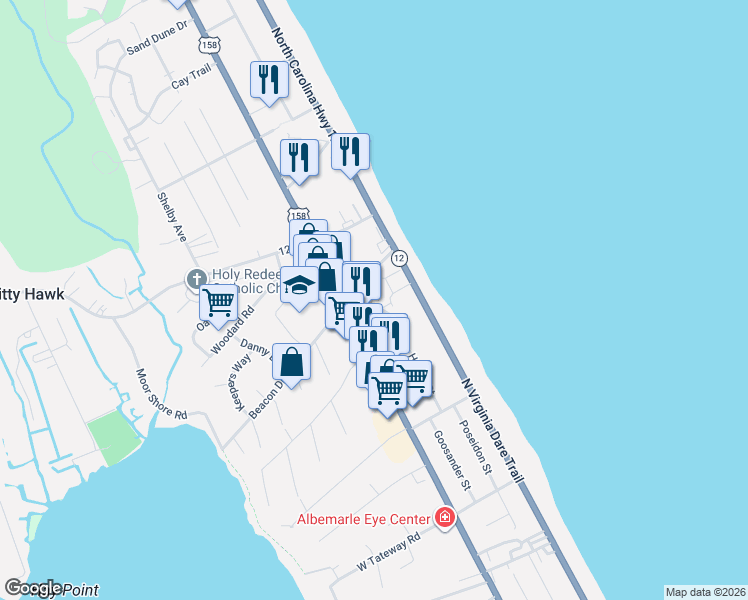 map of restaurants, bars, coffee shops, grocery stores, and more near 3833 North Croatan Highway in Kitty Hawk